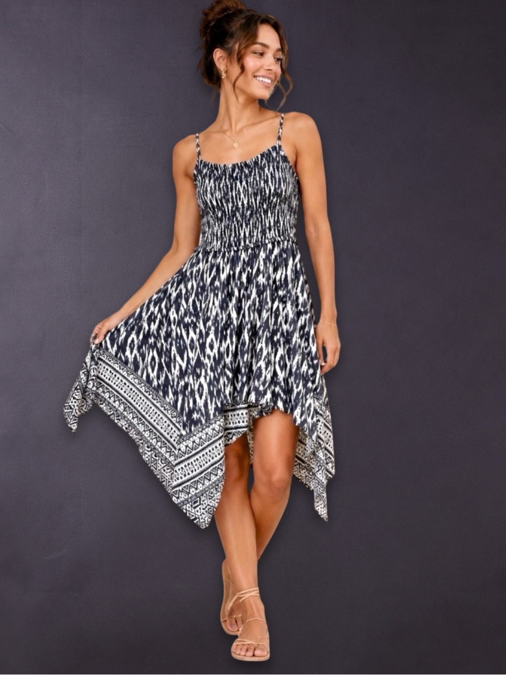 Japna XS Black White Ikat Handkerchief Hem Midi Dress Boho Rayon Sundress